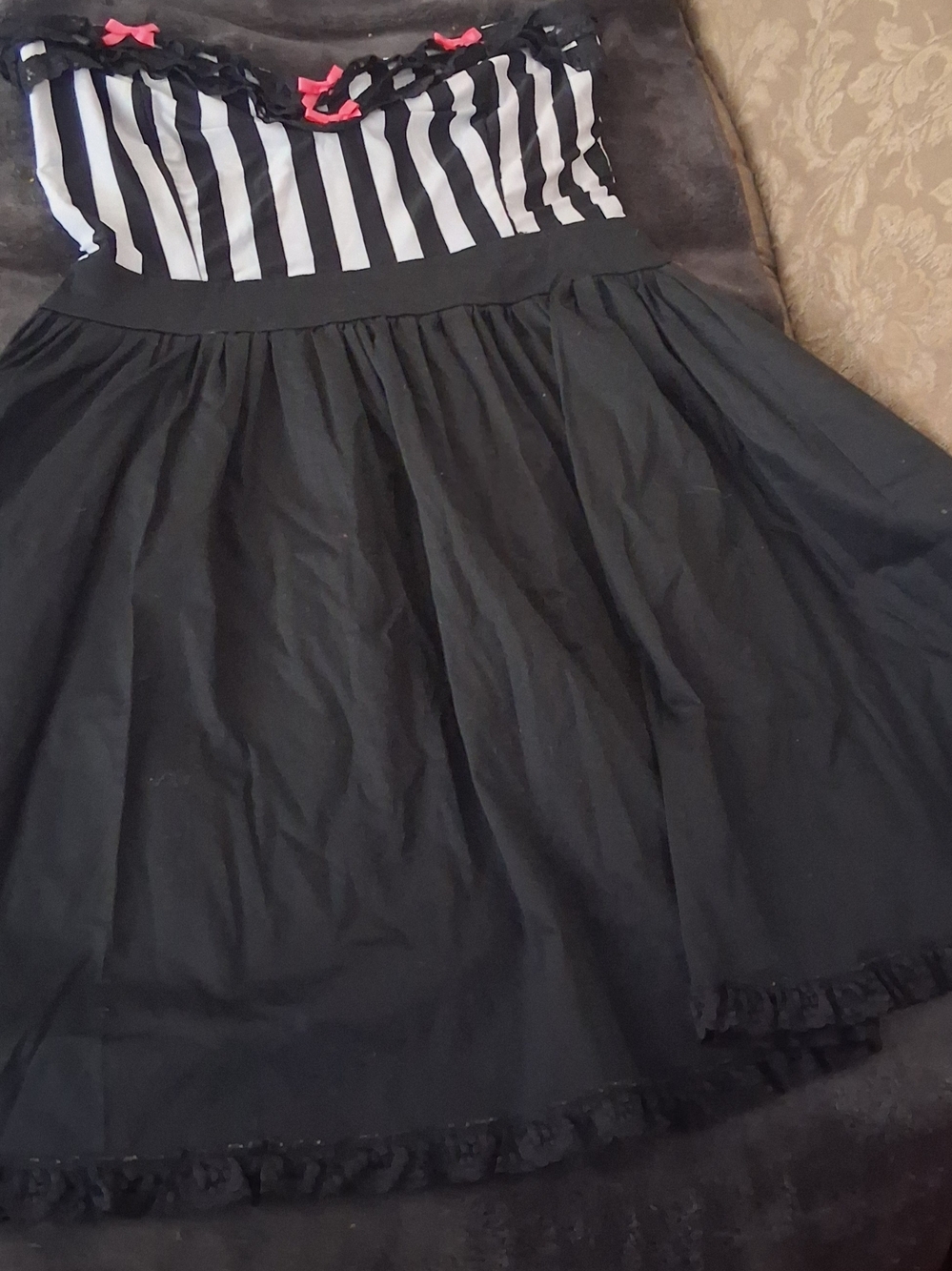 Pinky Pinups Black Striped Bust A-Line Dress with Pink Bow Accents